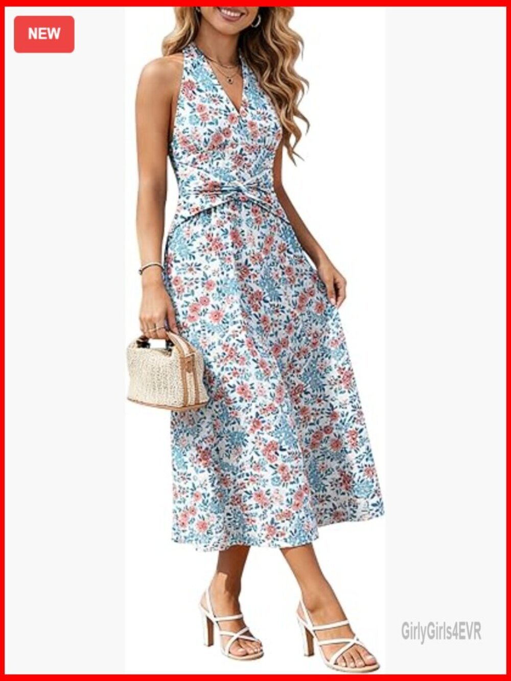 V Neck Midi Dress with Pockets Sleeveless Twist Waist Pleated A-Line Flowy